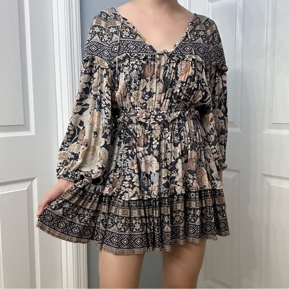 Spell Mini Dress Long Sleeve Boho Gray Floral Playdress Hippie Desert Size Small - Picture 2 of 9